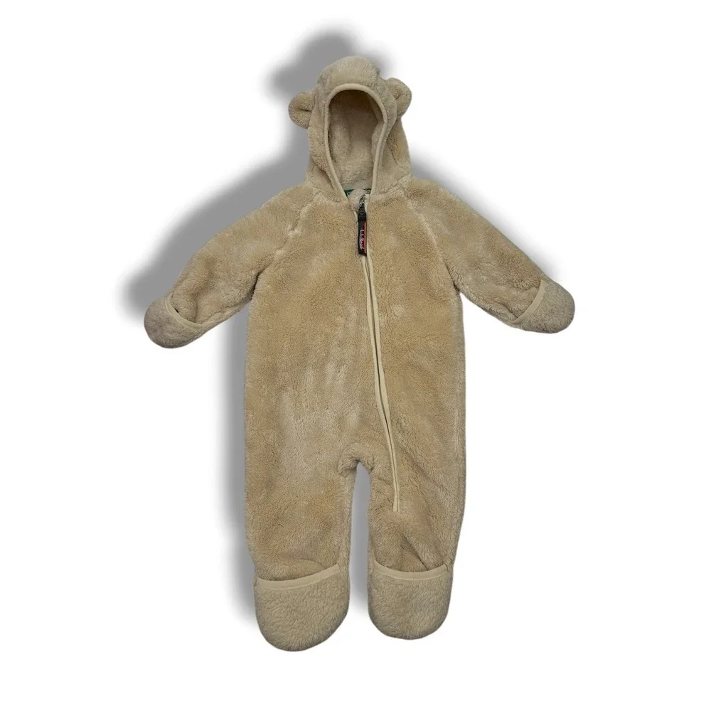 L.L.Bean Fleece Bunting Baby 3-6M‎ Tan Hi-Pile Sherpa Bear Ear Hooded Snowsuit